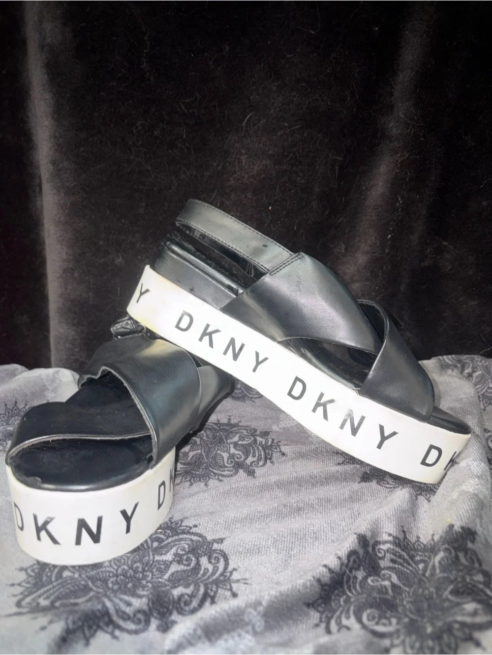 DKNY Black Crisscross Platform Sandals with White Logo Platforms